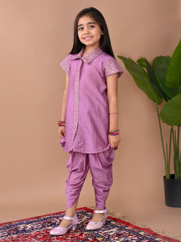 Kinder Kids - Girls Woven Design Pure Cotton Straight Shirt With Dhoti