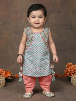 Kinder Kids - Girls Floral Printed Angrakha Pure Cotton Kurta with Dhoti