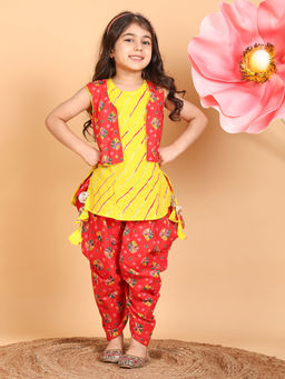 Kinder Kids - Girls Printed Regular Pure Cotton Kurti and Dhoti with Jacket