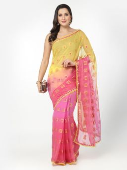 KISHORI - Chiffon Meena Zari Print and Gota Border Saree with Unstitched Blouse - Yellow & Pink