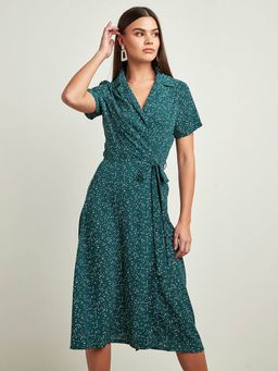 Styli - Green Spot Print Wrap Over Midi Dress With Tie-belt Waist (Set of 2)