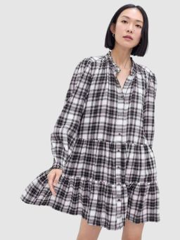GAP - Women's Full-Sleeve Band Collar Checked Shirt Dress