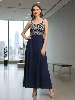 HOUSE OF S - Midnight Blue Embroidered Gown with Spaghetti Straps