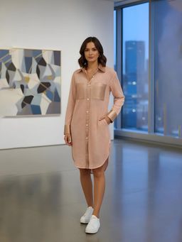 HOUSE OF S - Women's Blush Pink Satin Accent Shirt Dress