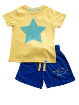Reedoo - Starry Half Sleeve T-Shirt and Shorts In Yellow and Blue (Set of 2)