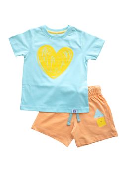 Reedoo - Shape Of My Heart T-Shirt with Shorts In Mint Blue & Orange (Set of 2)