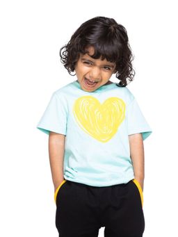 Reedoo - Heart Round Neck Half Sleeve T-Shirt In Mint Blue