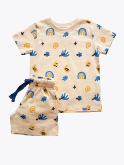 Reedoo - Abstract Adventure Half Sleeve Shorts Co-Ord In Cream (Set of 2)