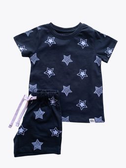Reedoo - Shining Stars Half Sleeve Shorts Co-Ord In Navy Blue (Set of 2)