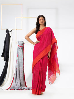 Angoshobha - Pink Cotton Festive Jamdani Saree with Unstitched Blouse