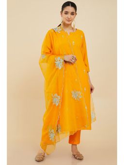 Soch - Women Orange Cotton Embellished Sequined Suit (Set of 3)