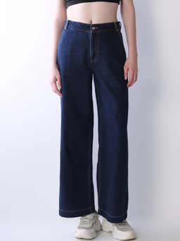 ONLY - Womens Solid Wide Leg Mid-Rise Blue Jeans