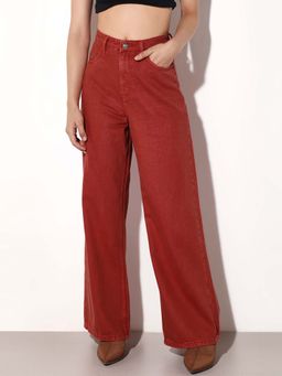 ONLY - Womens Solid Wide Leg High-Rise Red Jeans