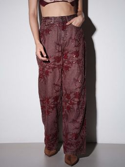 ONLY - Womens Embellished Straight Leg High-Rise Maroon Jeans