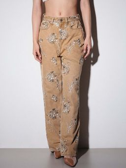 ONLY - Womens Embellished Straight Fit Mid-Rise Brown Jeans