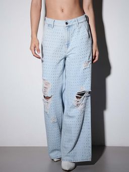 ONLY - Womens Embellished Straight Fit Mid-Rise Blue Jeans