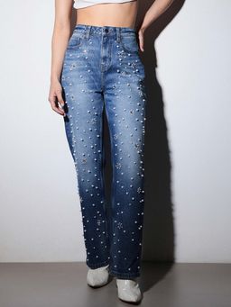 ONLY - Womens Embellished Straight Fit High-Rise Blue Jeans