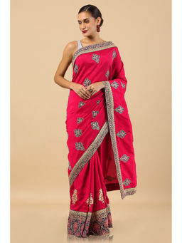 Soch - Maroon Tussar Embroidered Saree with Unstitched