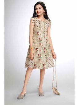 Lagorii - Beige Floral Printed and Pleated Casual Dress with Sling Bag