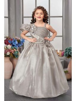 Lagorii - Elegant Grey Pleated and Floral Embellished Gown