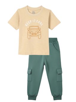 FUNKRAFTS - Boys Car Printed T-Shirt and Jogger - Beige