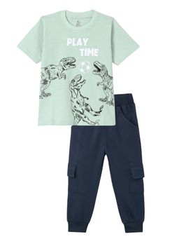 FUNKRAFTS - Boys Dinosaur Printed T-Shirt and Jogger Set - Green and Navy Blue