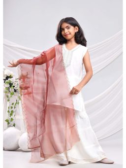 Misbis - Girl'S White Sequence Work Sleeveless Kurta Sharara and Dupatta