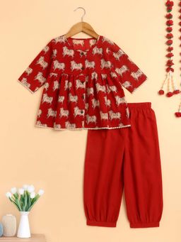 The Magic Wand - Cambric Cotton Three Fourth Sleeves Cow Printed Kurta and Salwar- Red