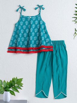 The Magic Wand - Cotton Floral Printed Top and Pant- Teal Blue