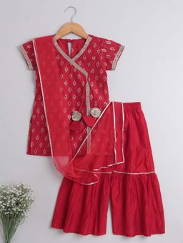 The Magic Wand - Foil Printed Lace Short Sleeves Top Sharara and Dupatta-Red