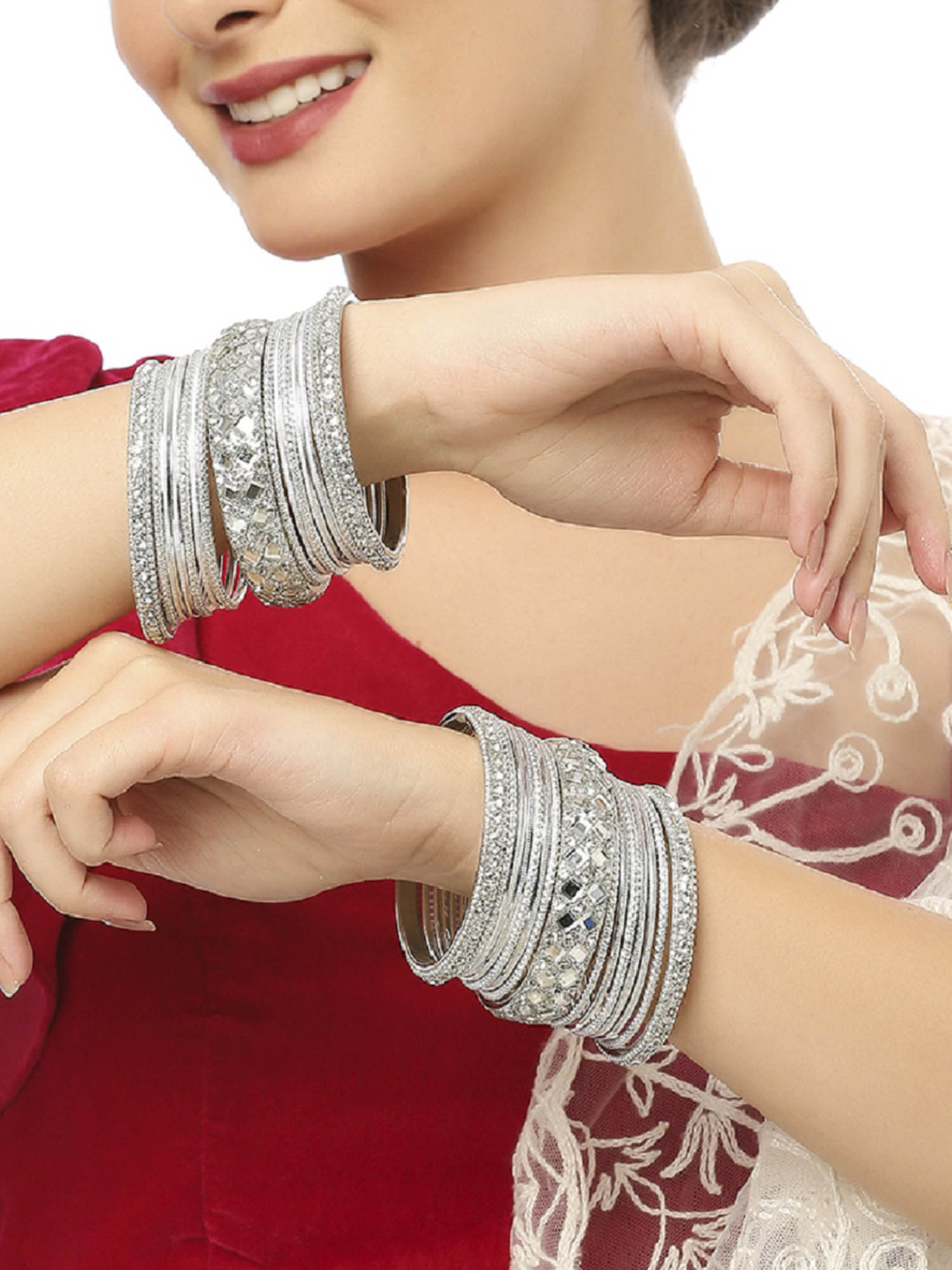 Buy OOMPH Silver Bridal Chuda Bangle Set Mirror Work (2.6) Online