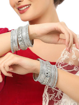OOMPH - Silver Bridal Chuda Bangle Set Mirror Work (2.6)