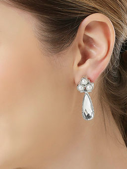 OOMPH - Silver Tone Jadau Kundan Pearl Ethnic Drop Earrings for Women