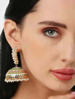 OOMPH - Pink & Green Meenakari Enamel Pearls Large Ethnic Jhumka Earrings