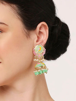 OOMPH - Mint Green Pink Jhumka Earrings Peacock Meenakari Design for Women