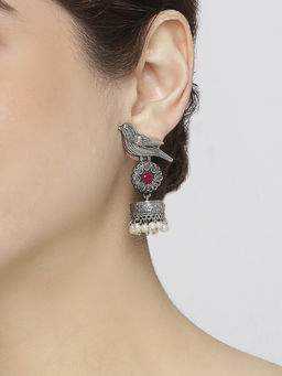 OOMPH - Oxidised Silver Look Alike Bird Design Maroon Stone & Pearls Jhumka Earrings