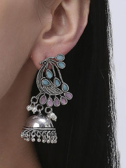 OOMPH - Oxidised Silver Look Alike Pearls Large Laxmi Ethnic Jhumka Earrings