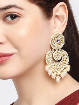 OOMPH - Gold Jadau Kundan Heart Shape Large Ethnic Drop Earrings for Women