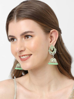 OOMPH - Mint Green Meenakari Kundan Floral Ethnic Jhumka Earrings for Women