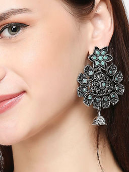 OOMPH - Oxidised Silver Tone Mint Green Stones Drop Earrings