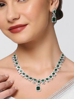OOMPH - Green American Diamond Rectangle Pendant Necklace Set with Drop Earrings