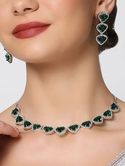 OOMPH - Green American Diamond Triangle Pendant Necklace Set with Drop Earrings