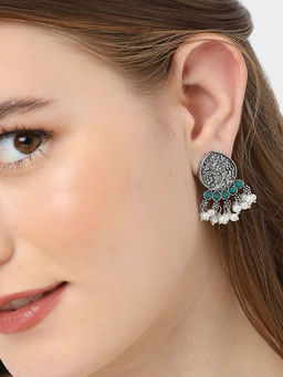 OOMPH - Oxidised Silver Small Ethnic Drop Earrings Leaf Design Green Stones