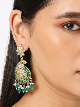 OOMPH - Green Meenakari Ethnic Drop Earrings Kundan in Kairi Design for Women