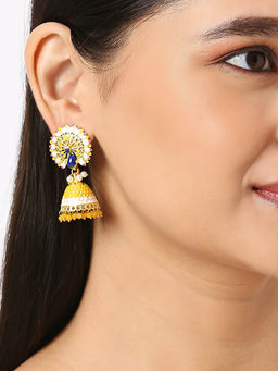 OOMPH - Yellow Meenkari Jhumka Earrings Peacock Design for Women