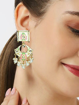 OOMPH - White Pink Ethnic Drop Earrings Meenakari Lotus Design for Women