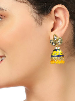 OOMPH - Yellow Meenakari Kundan Ethnic Jhumka Earrings for Women