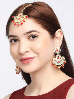 OOMPH - Red Stones & Kundan Maang Tikka Set with Chandbali Earrings