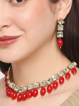 OOMPH - Red Beads Kundan Ethnic Necklace Set with Drop Earrings