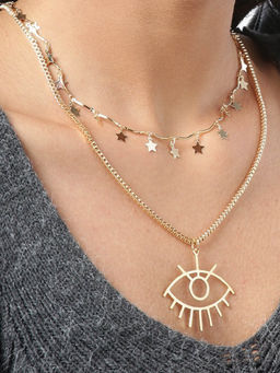 OOMPH - Gold Tone Multi Layer Strand Evil Eye Good Luck Charm Link Chain Necklace